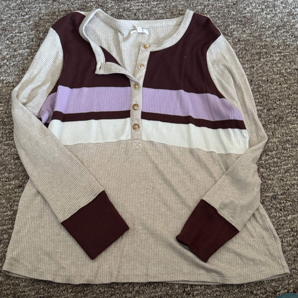 Maurices Colorblock Button Down Shirt - Beige, Purple, and Brown